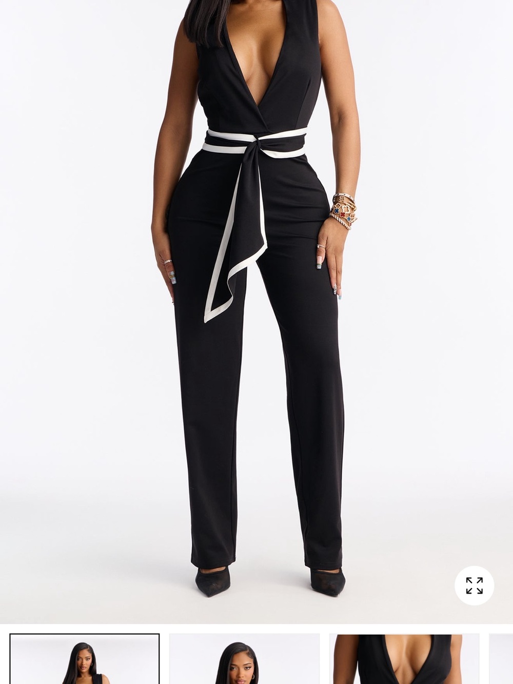 Black Sleeveless V-Neck Jumpsuit with White Trim Tie Waist